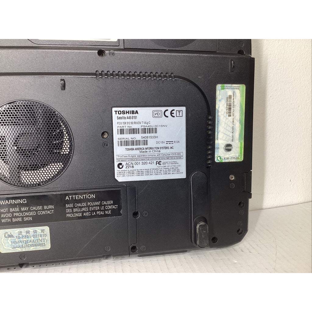 Toshiba Satellite A45-S151 Laptop 60GB HDD Intel Pentium 4 - For Parts