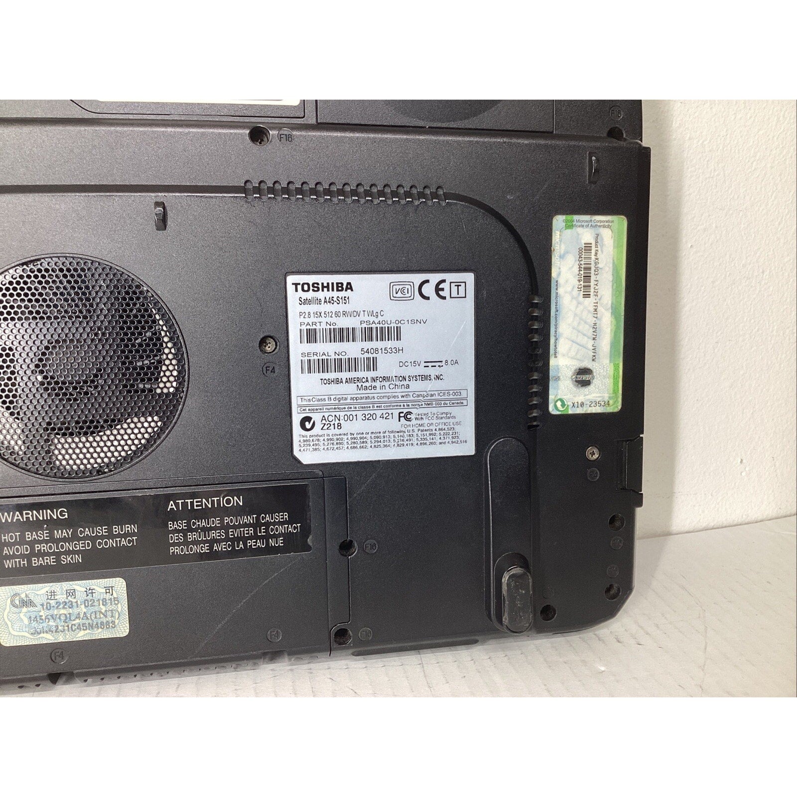 Toshiba Satellite A45-S151 Laptop 60GB HDD Intel Pentium 4 - For Parts