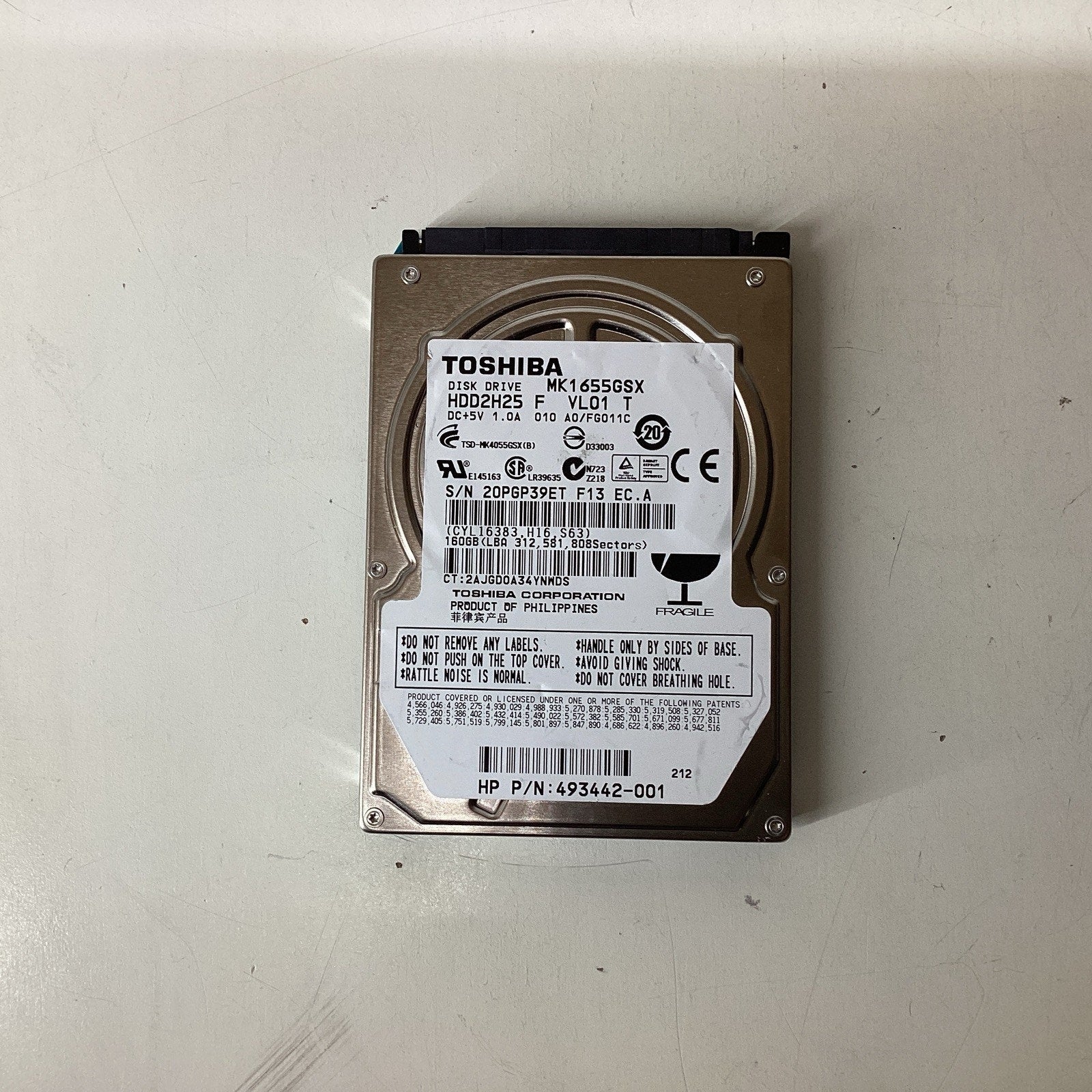 Toshiba MK1655GSX SATA 160GB 2.5 inch Hard Disk Drive 493442-001