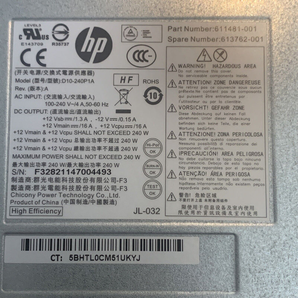 HP 240W Power Supply For Elite SFF D10-240P1A 611481-001 503376-001 613762-001