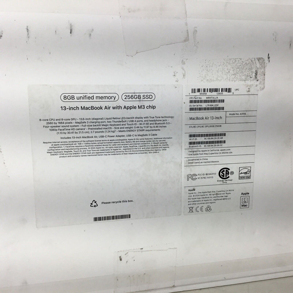 2024 Apple MacBook Air 13.6in M3 Chip 256 GB SSD 8GB RAM 8-Core GPU MRXT3LL/A