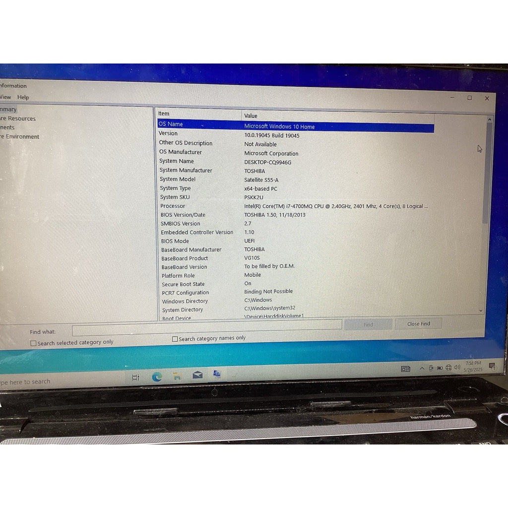Toshiba Satelite S55-A5176 Laptop Core i7-4700MQ 2.40GHZ 8GB RAM Win 10