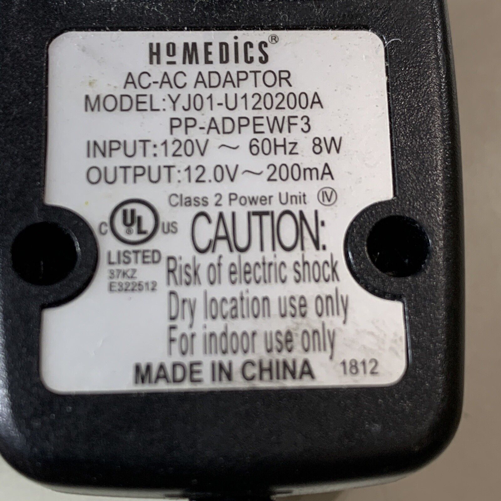 Homedics AC Power Adapter 12VAC 200mA KA12A120020023U PP-ADPEWF3 YJ01-U120200A