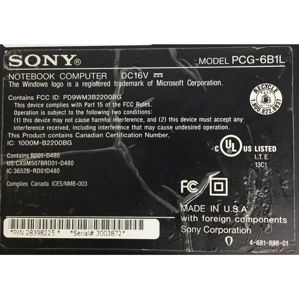For Parts SONY Vaio PCG-6bil / No Adapter / No HDD