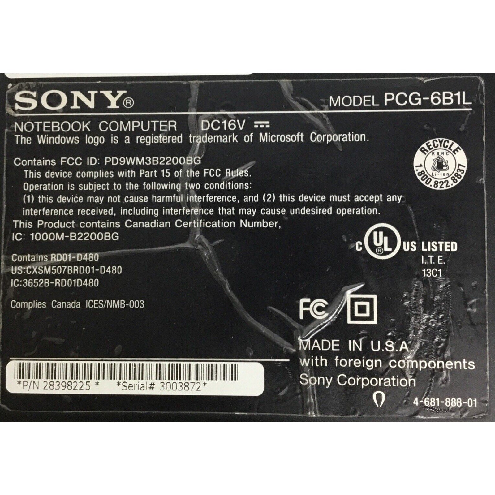 For Parts SONY Vaio PCG-6bil / No Adapter / No HDD