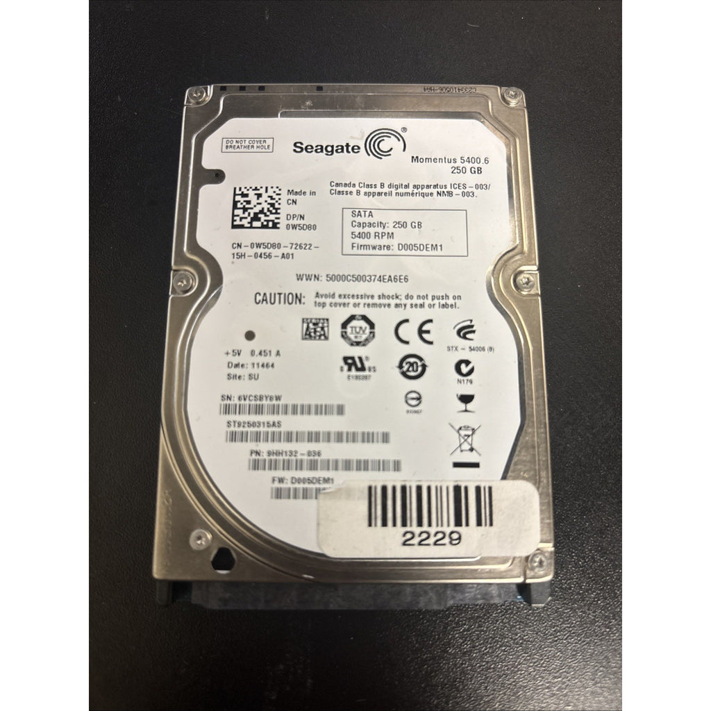 Seagate 500GB 2.5" SATA Laptop Hard Drive ST9250315AS 0W5D80 FW: D005DEM1