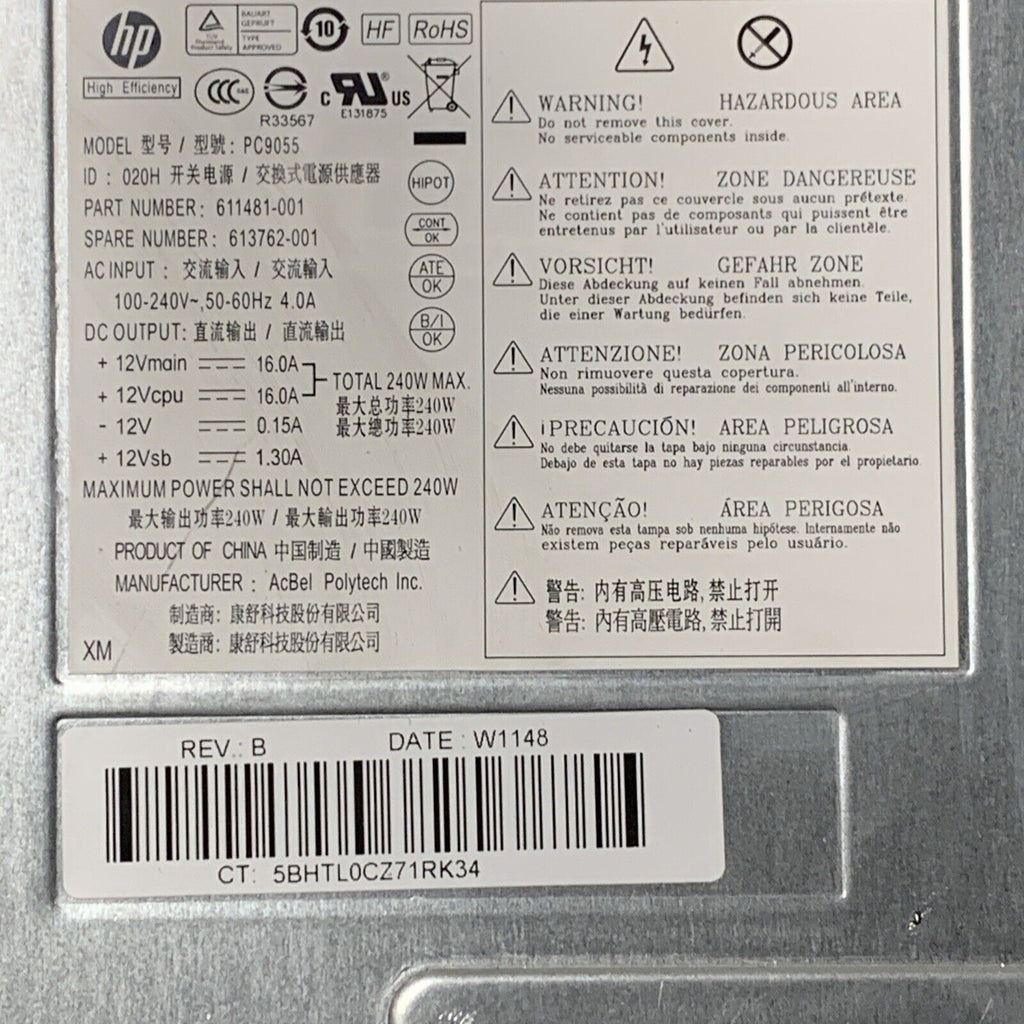 HP Elite 240W PC9055 8200 8300 Pro 6000 6005 6200 SFF Power Supply 611481-001