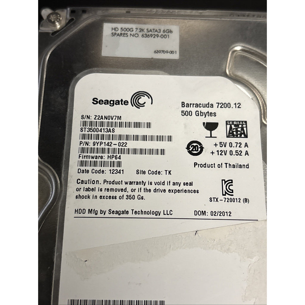 Seagate ST3500413AS 7200.12 500GB 7200RPM SATA 6Gbps 3.5in 9YP142-022 FW: HP64