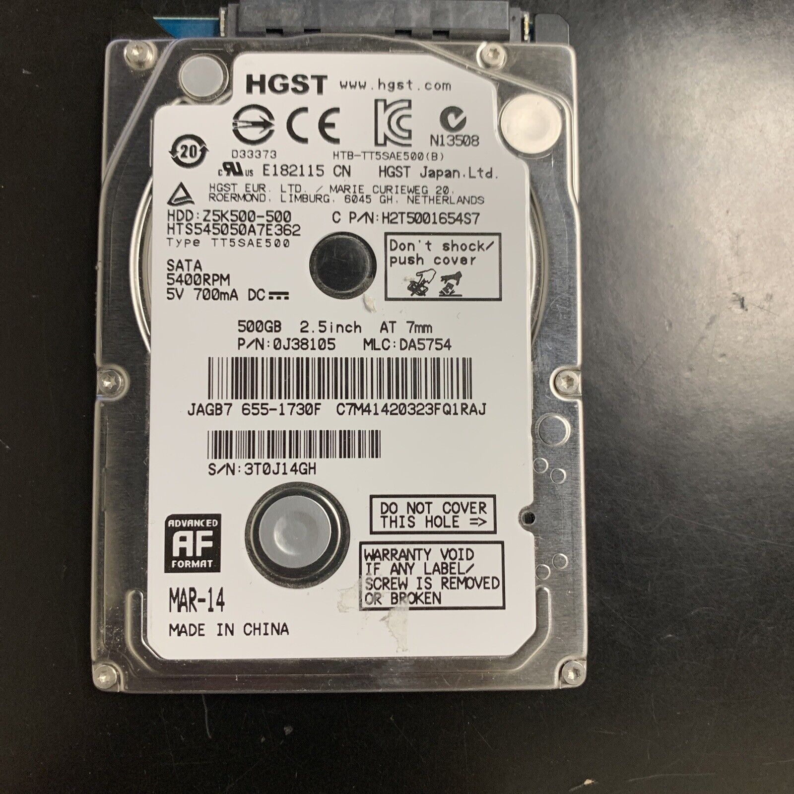 HGST Z5K500-500 HTS545050A7E362 500GB 2.5 in SATA Laptop Hard Drive P/N: 0J38105