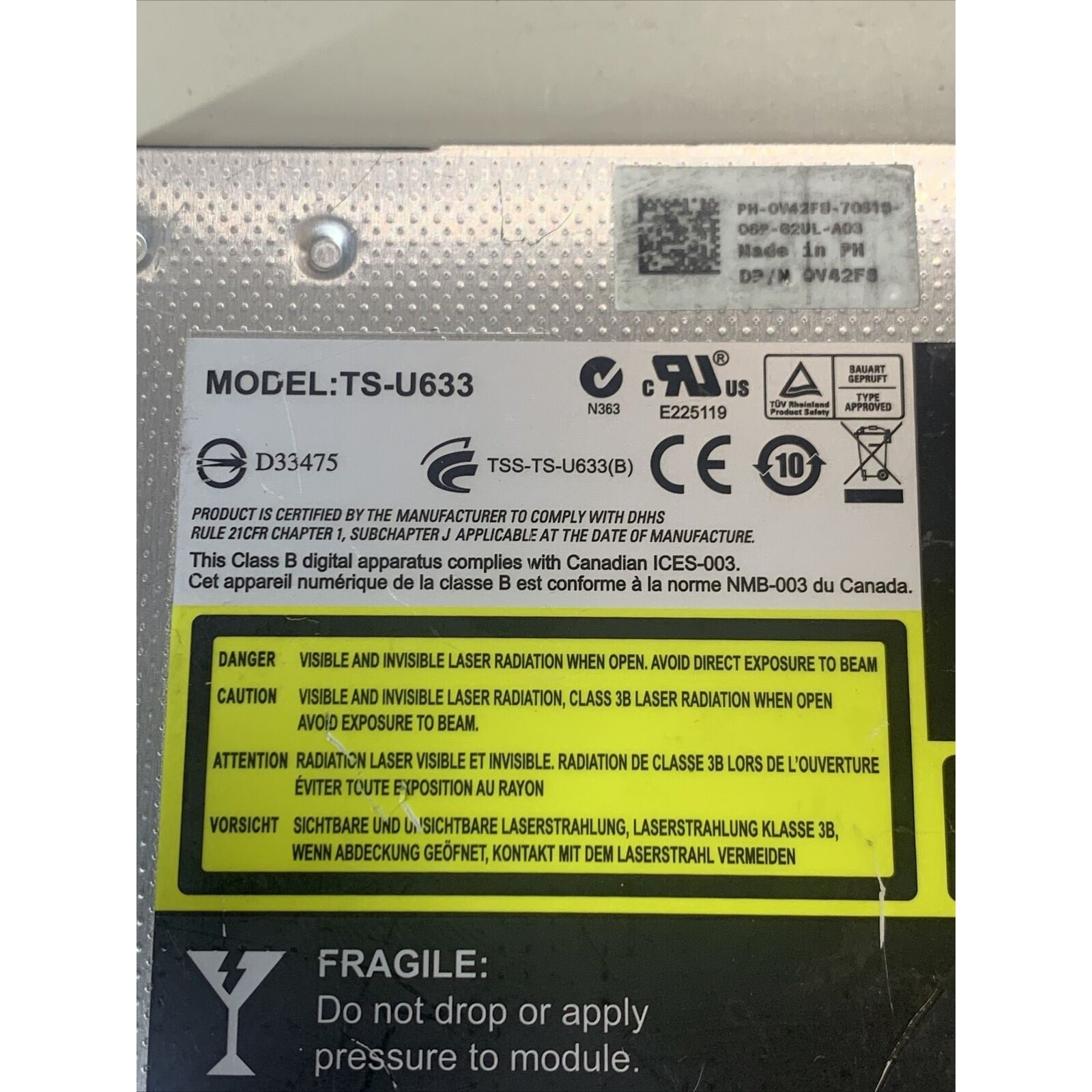 Dell SATA Laptop DVD/CD/Rewritable Drive w/Bezel TS-U633 GU10N V42F8 RJ7HH YP311