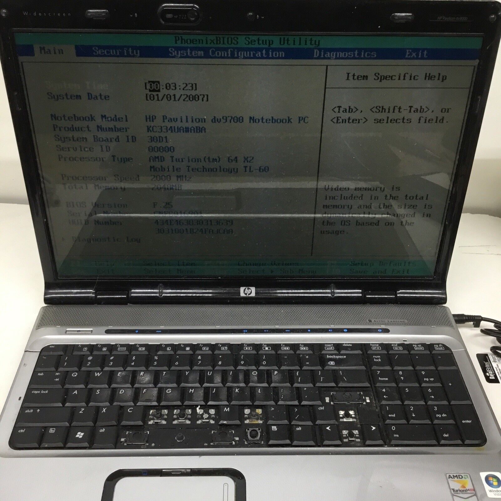 HP Pavilion Dv9700 AMD Turion 64X2 - 2GB RAM - NO HDD OR ADAPTER- READ DESCPTION