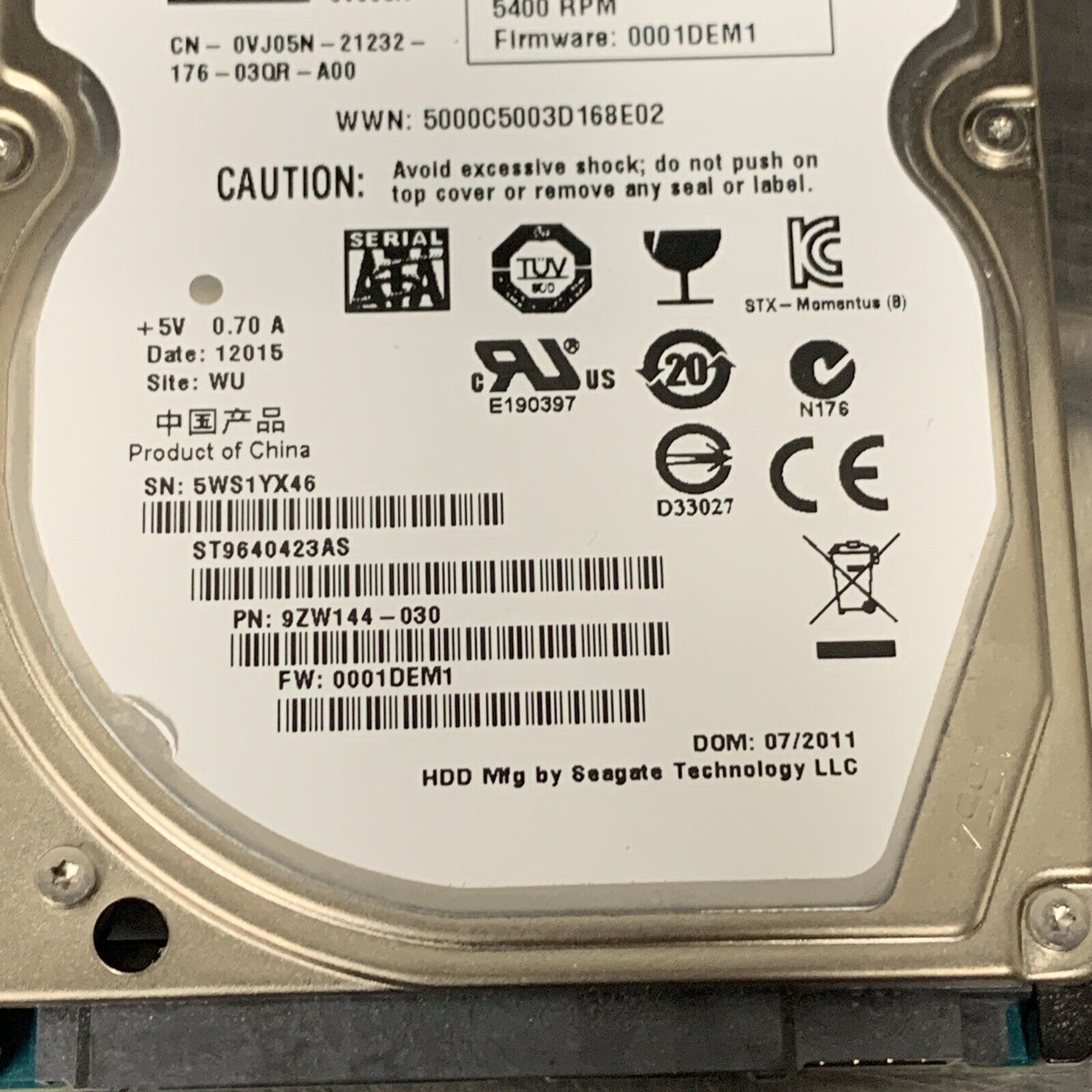 ST9640423AS 9ZW144-030 FW:0001DEM1 640gb Sata Laptop Drive