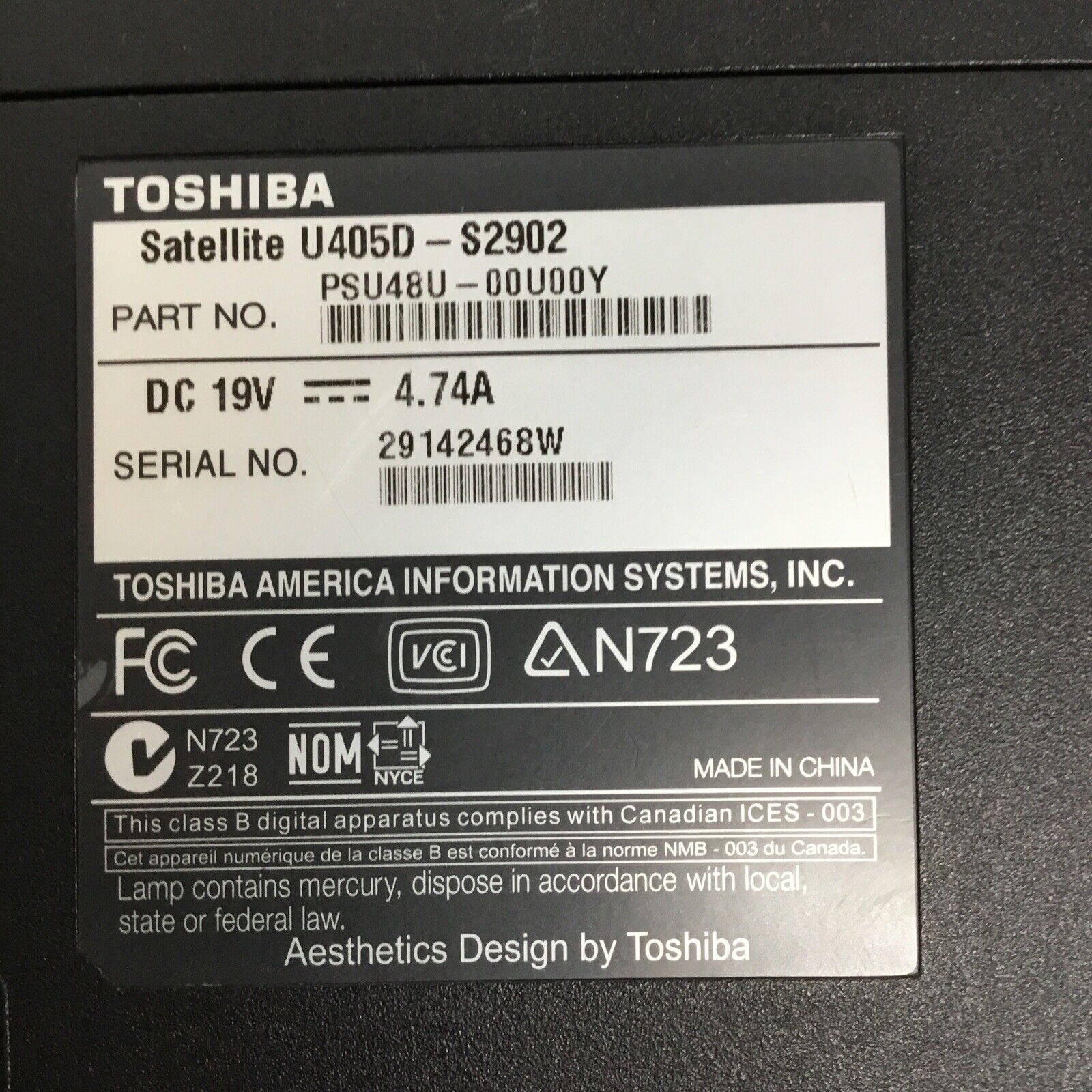 Parts Only Toshiba Satellite U405D-S2902 14.1'' Notebook / No Adapter / No HDD