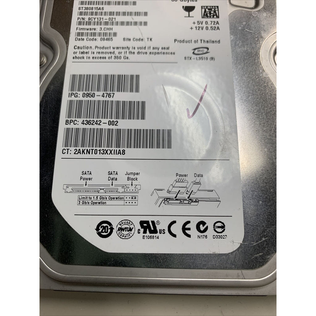 Seagate Barracuda 7200.10 80GB ST380815AS 7200RPM SATA 3.5" Internal Hard Drive