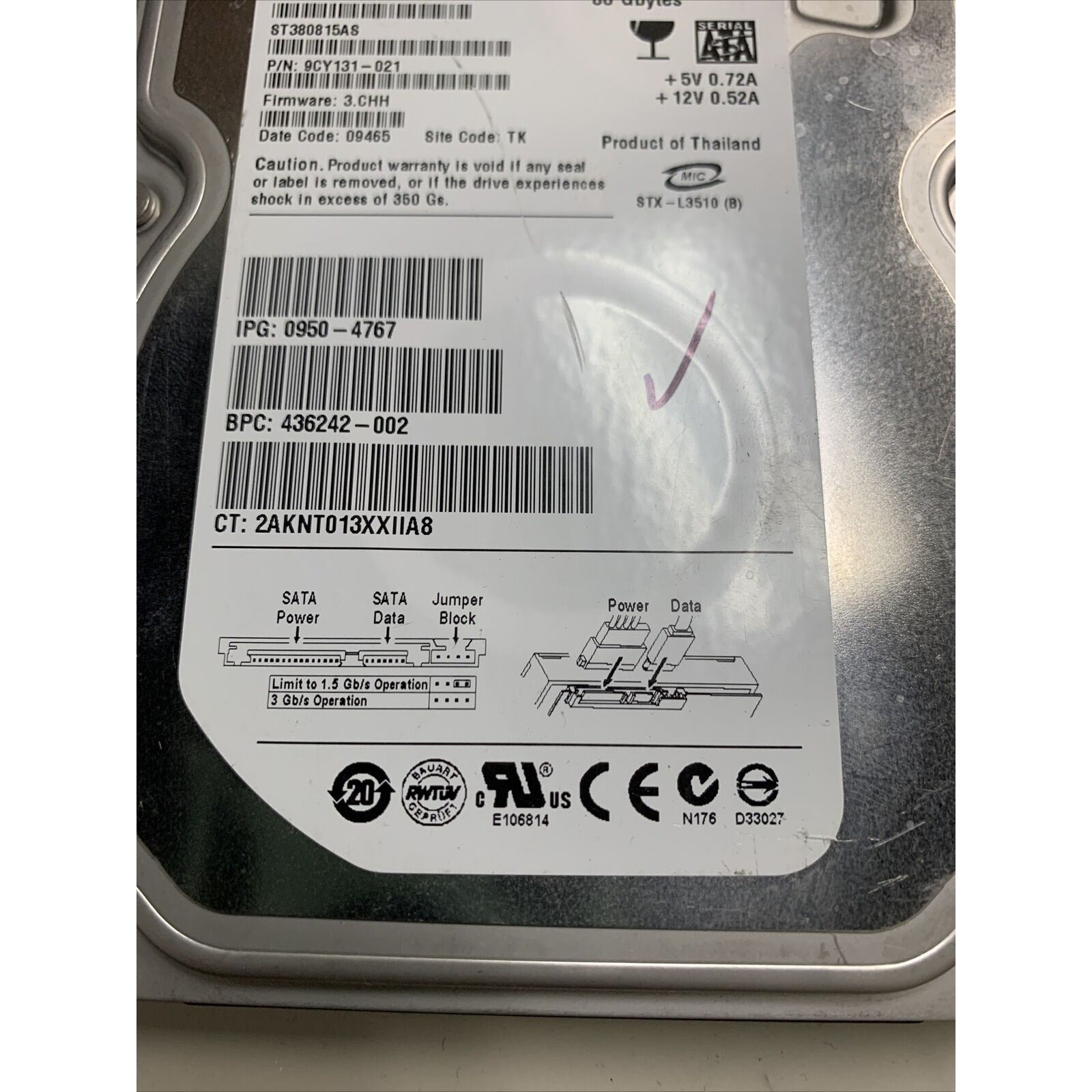 Seagate Barracuda 7200.10 80GB ST380815AS 7200RPM SATA 3.5" Internal Hard Drive