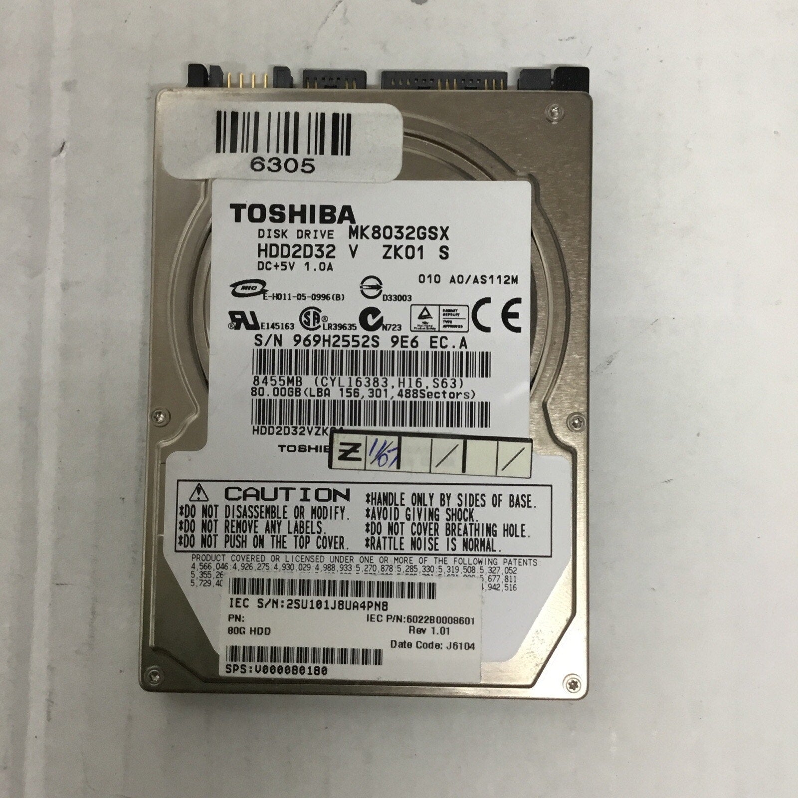 Toshiba MK8032GSX (HDD2D32 V ZK01 S) 010 A0/AS112M 80gb 2.5" Sata Laptop HDD