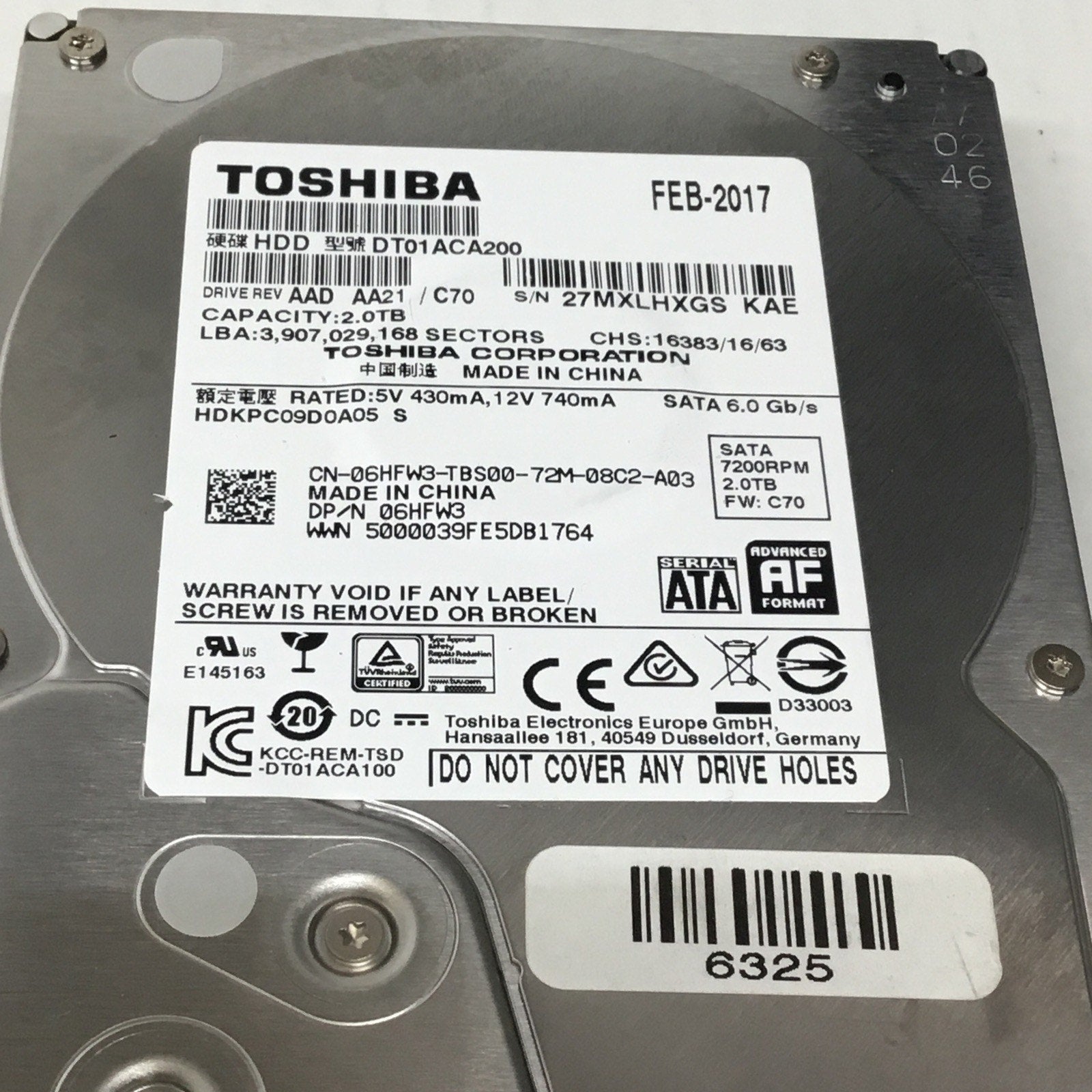 6HFW3 06HFW3 DT01ACA200 DELL 2TB 7200RPM 6Gbps 3.5" SATA HDD Hard Drive