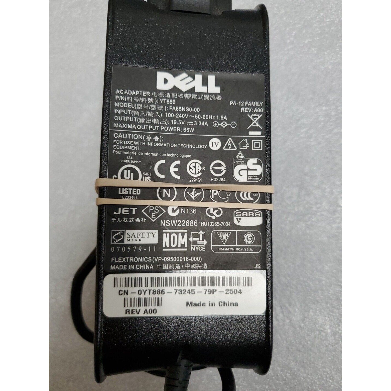 Genuine DELL AC Adapter YT886 FA65NS0-00 19.5V 3.34A 65W 0YT886 PA-12 REV: A00
