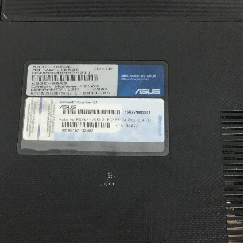 ASUS K53E 15" Laptop Intel Pentium No HDD / Good Battery / No Adapter