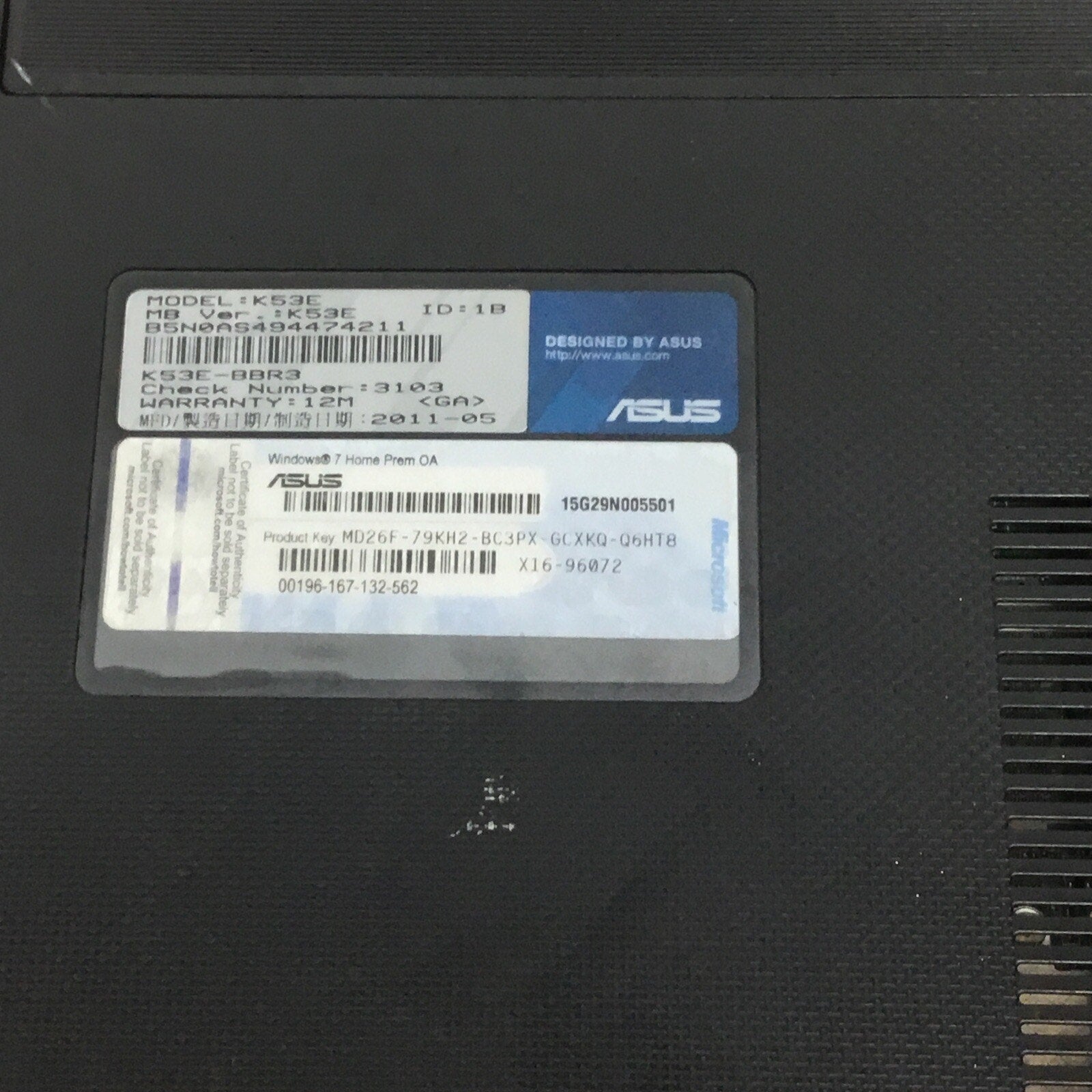 ASUS K53E 15" Laptop Intel Pentium No HDD / Good Battery / No Adapter