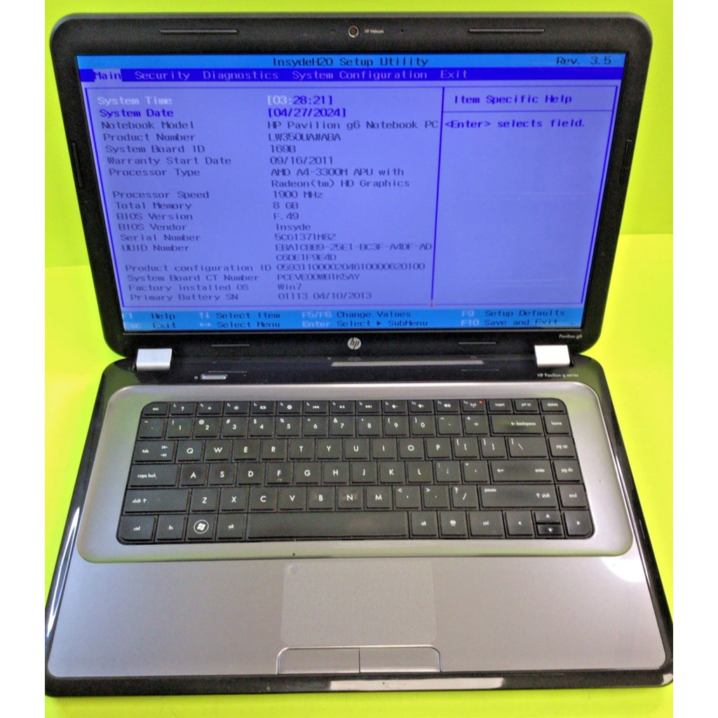 HP PAVILION G6-1B60US AMD A4 3300M APU 8GB RAM NO HDD NO OS