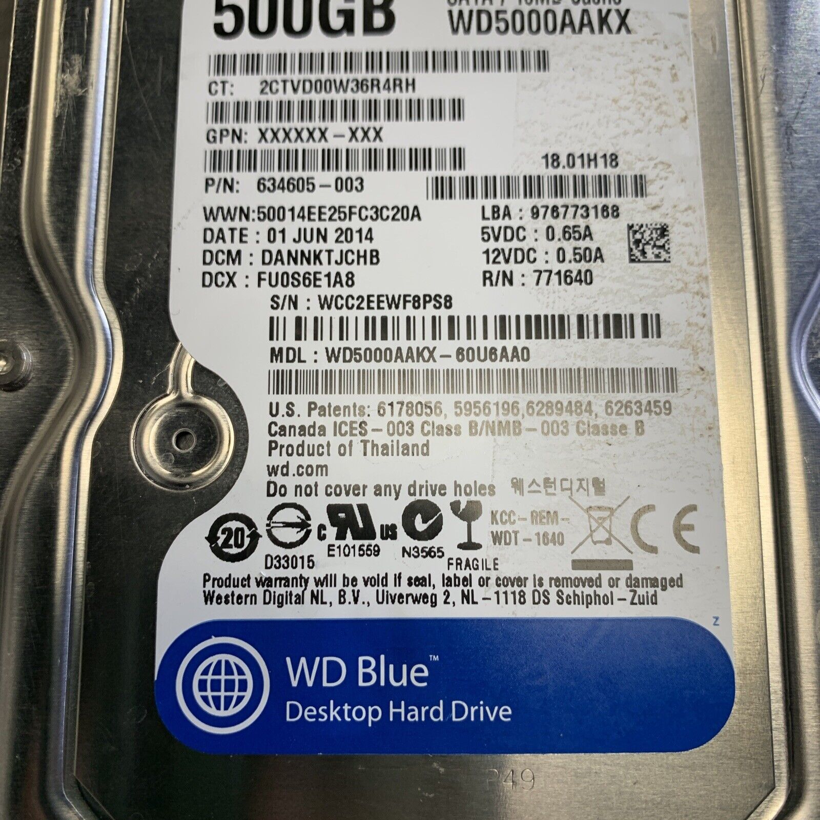 WD WD5000AAKX-60U6AA0 500GB 7.2k SATA 6Gbps 16MB Cache 3.5" HDD P/N: 634605-003