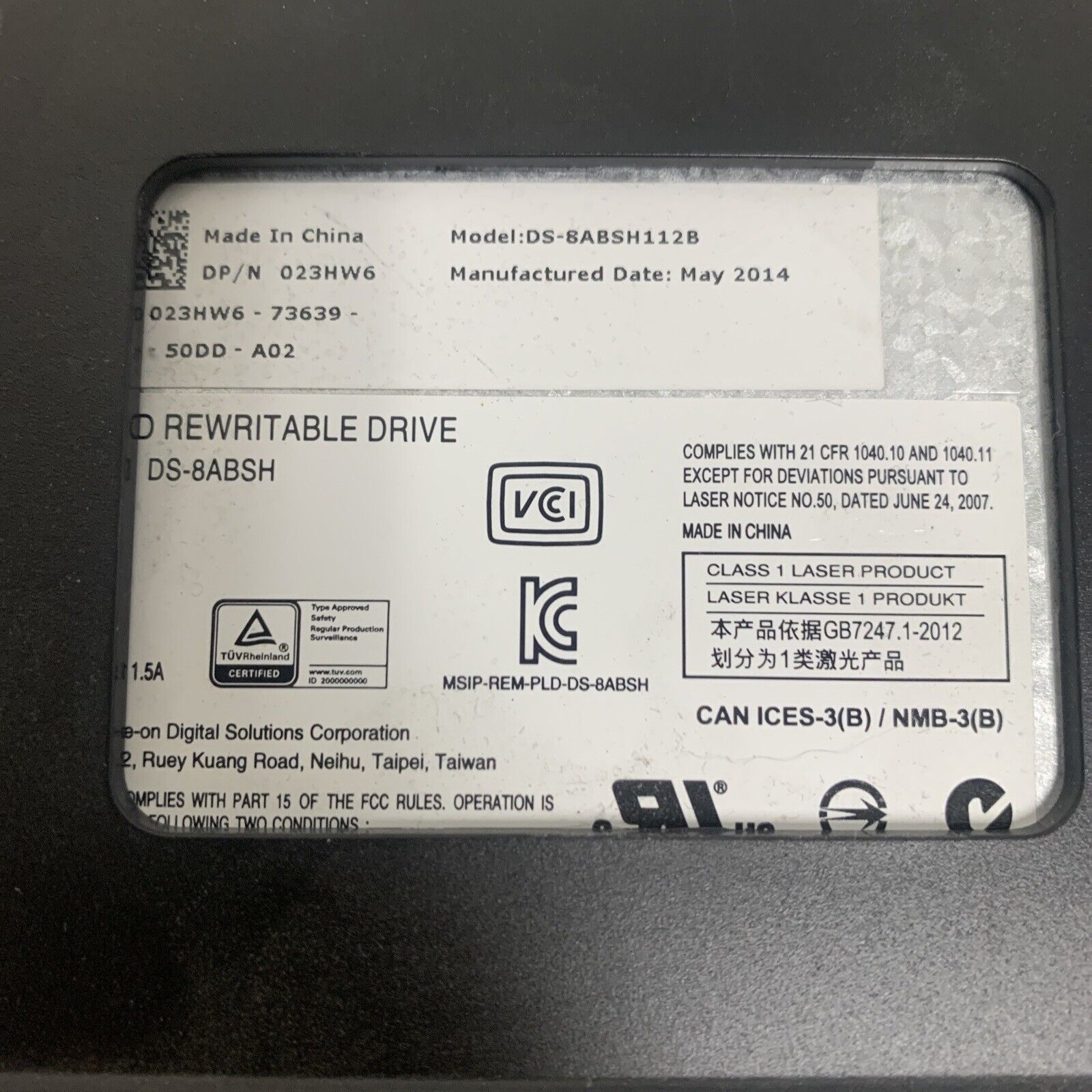 Dell DVD-CD Rewritable Optical Drive DS-8ABSH112B 23HW6 023HW6+CADDY - No Bezel