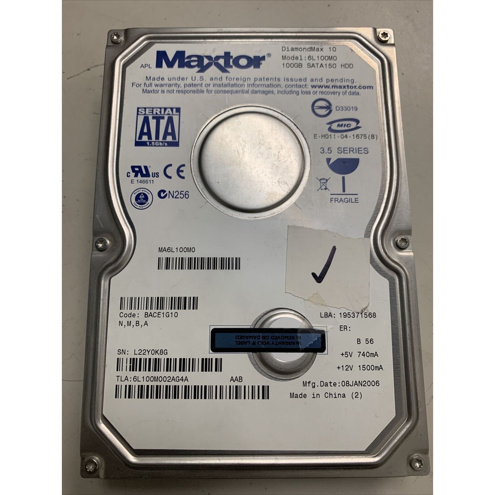 Maxtor 6L100M0 100GB SATA/150 7200RPM 8MB Hard Drive Very Good