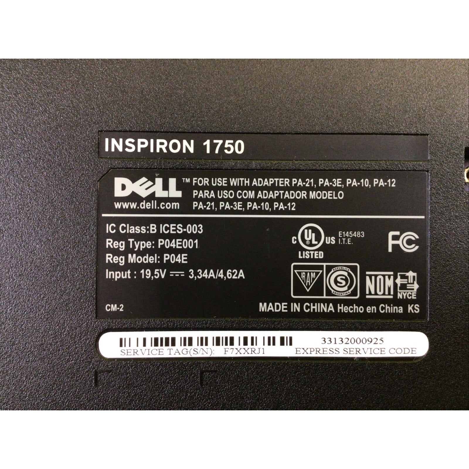 Dell Inspiron 1750 Bottom Housing G588T 0G588T