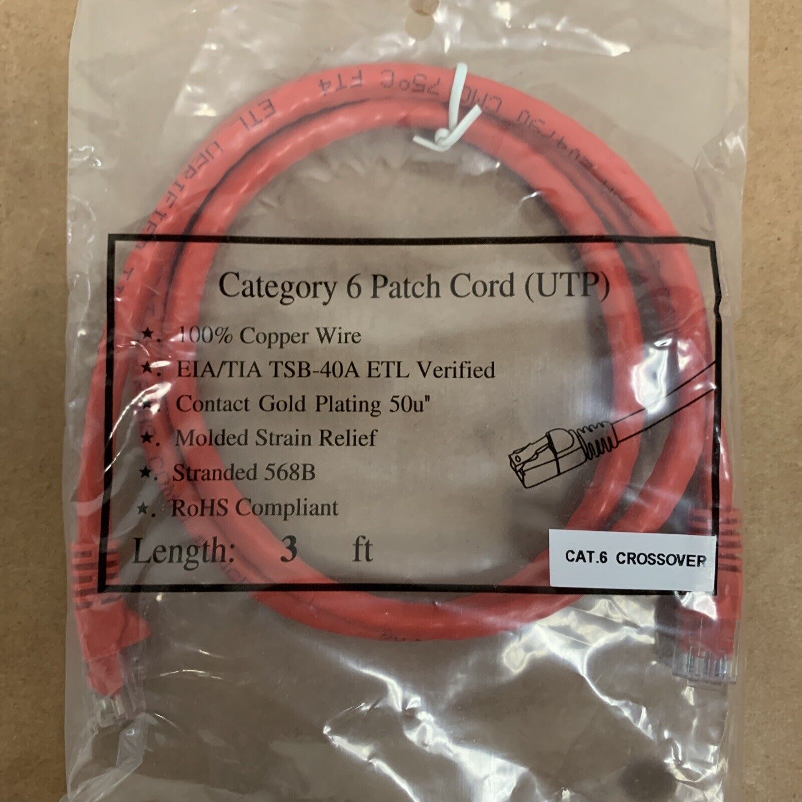 3ft Cat6 Crossover Ethernet Cable - 500MHz - 24AWG - Bare Copper - Red - 3 Feet