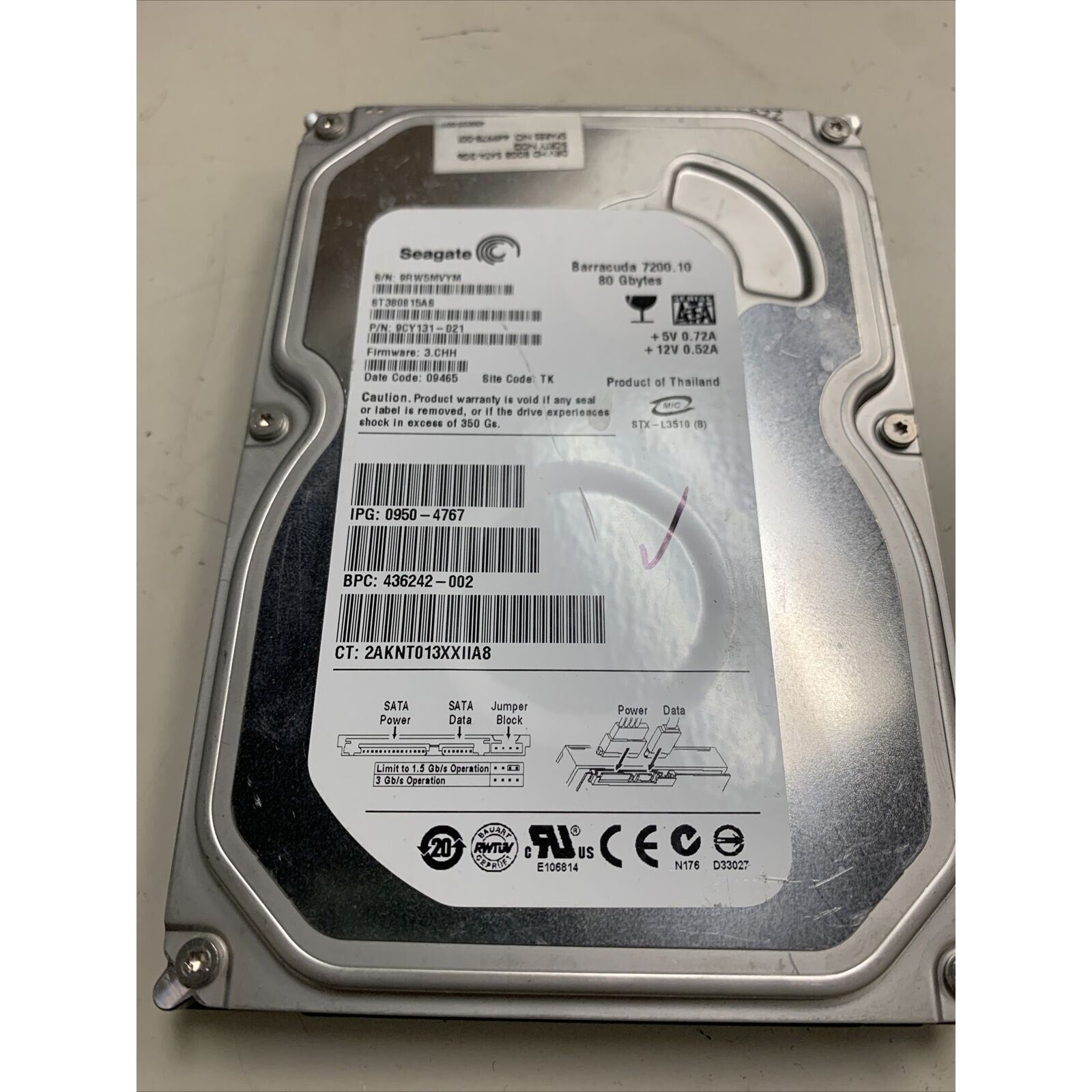Seagate Barracuda 7200.10 80GB ST380815AS 7200RPM SATA 3.5" Internal Hard Drive