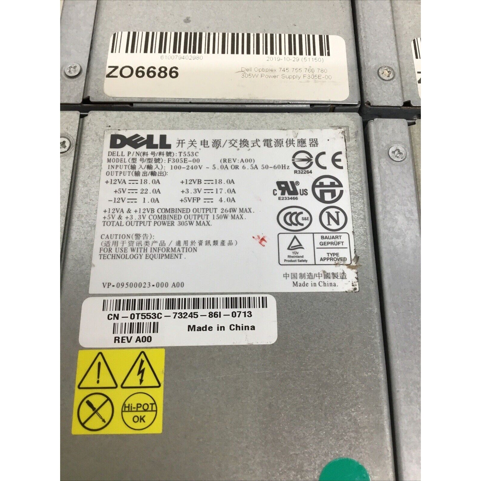 Lot Of 5 Dell 305W Power Supply F305E-00 0T553C T553C