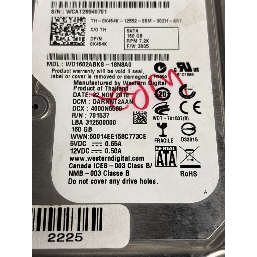 Western Digital WD1602ABKS 160GB 3.5 In. SATA HDD Dell P/N: 0X464K F/W: 3B05