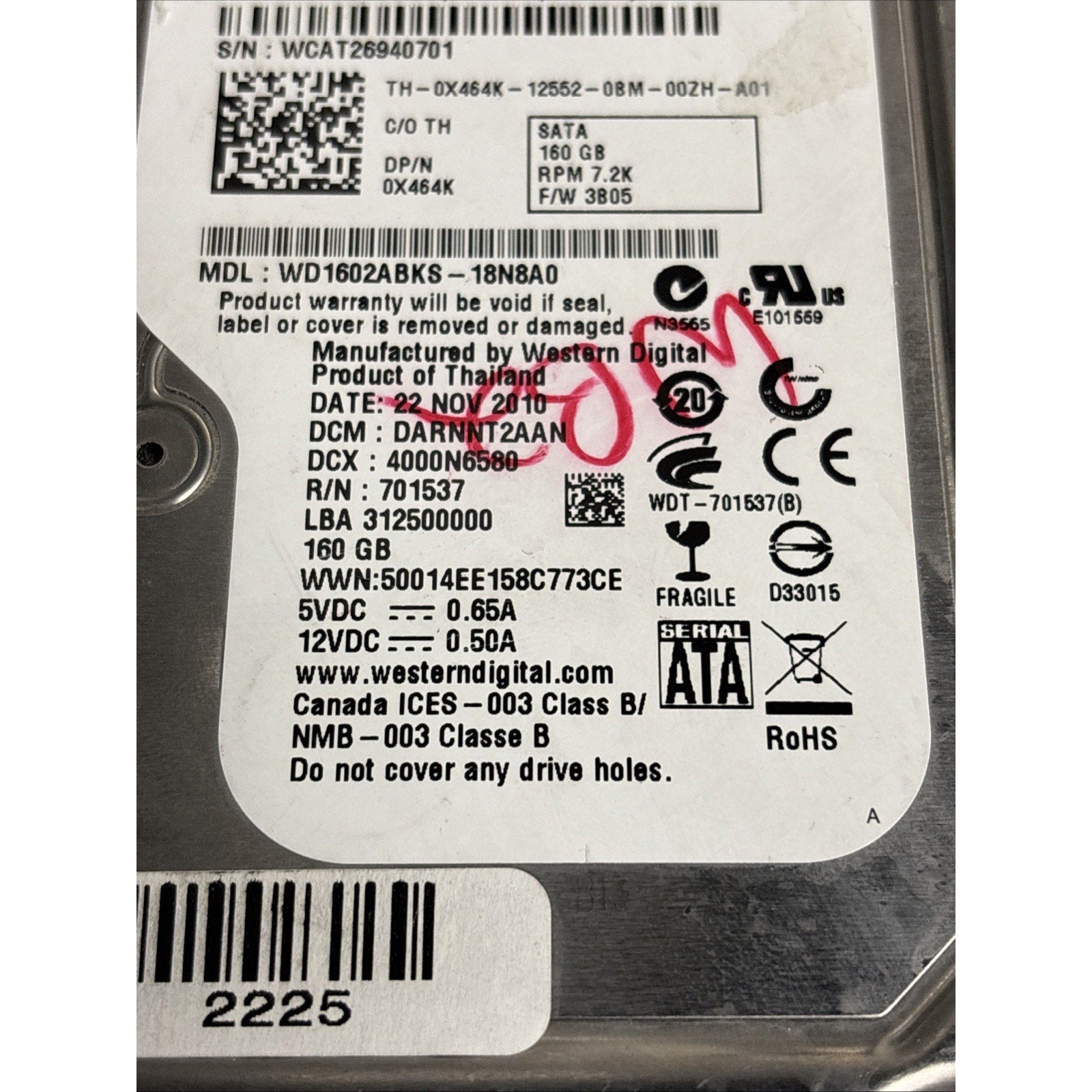 Western Digital WD1602ABKS 160GB 3.5 In. SATA HDD Dell P/N: 0X464K F/W: 3B05