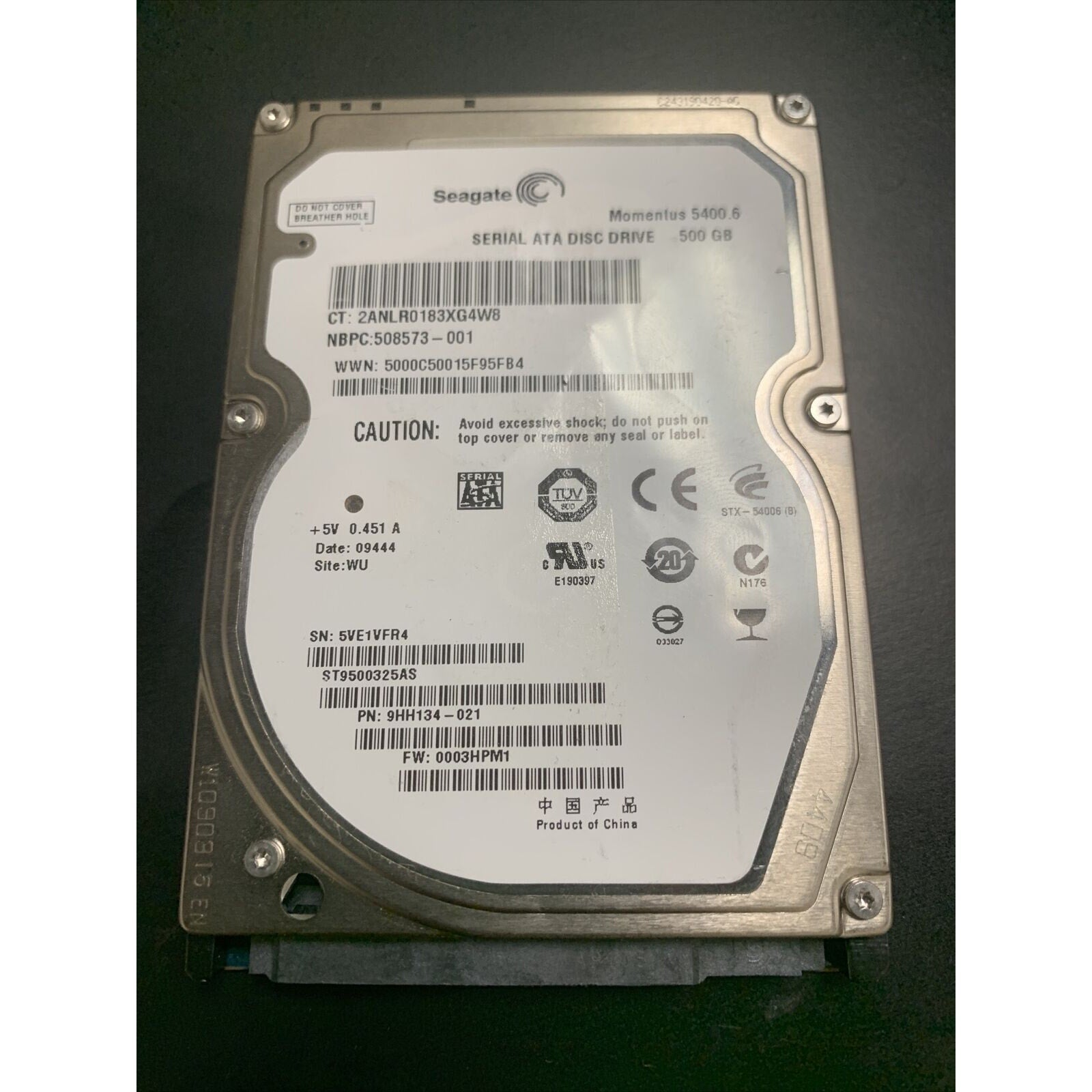Seagate ST9500325AS P/N:9HH134-021 FW:0003HPM1 Laptop 500GB 2.5" SATA HDD