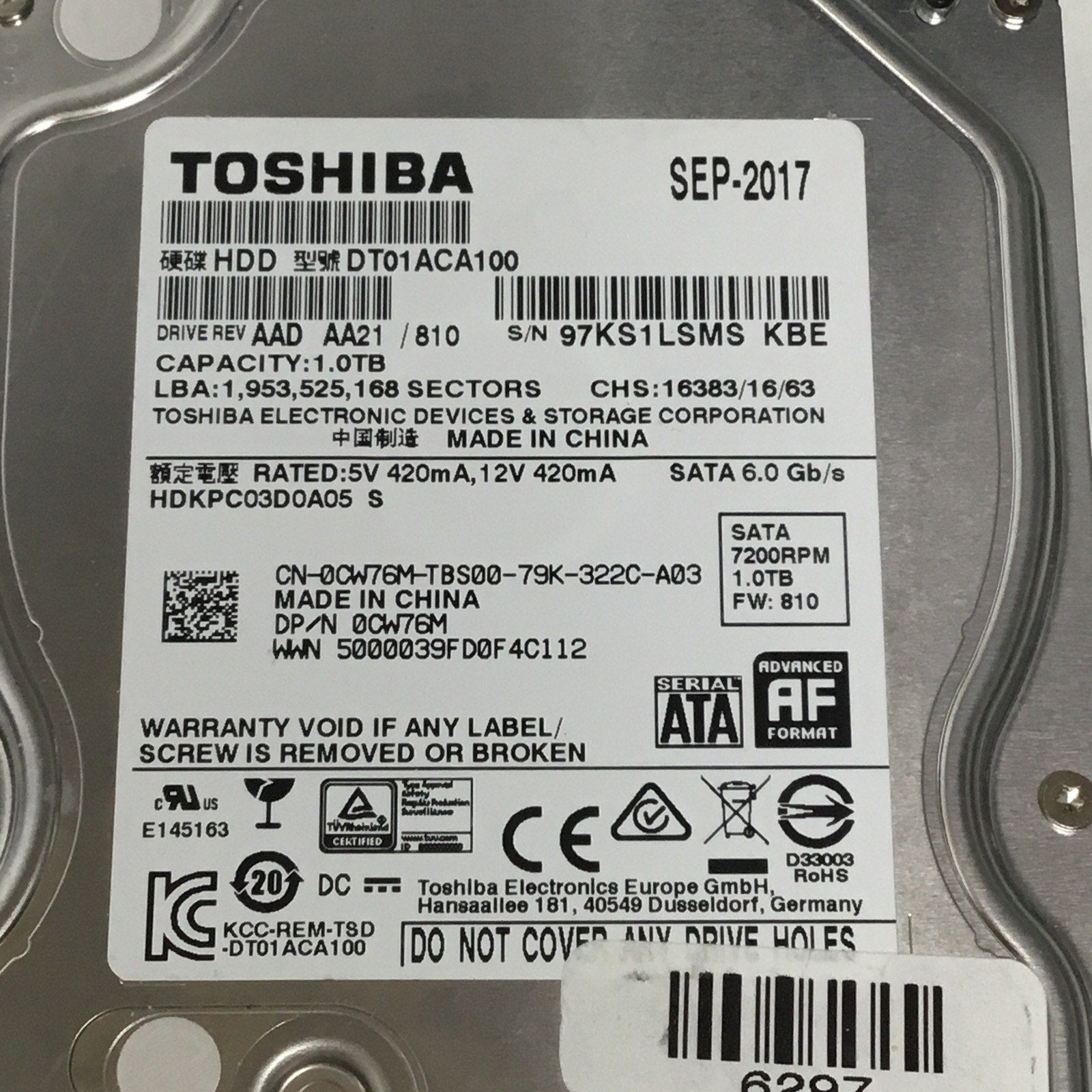 Toshiba DT01ACA100 DP/N: 0CW76M 1TB SATA 3.5'' Hard Drive