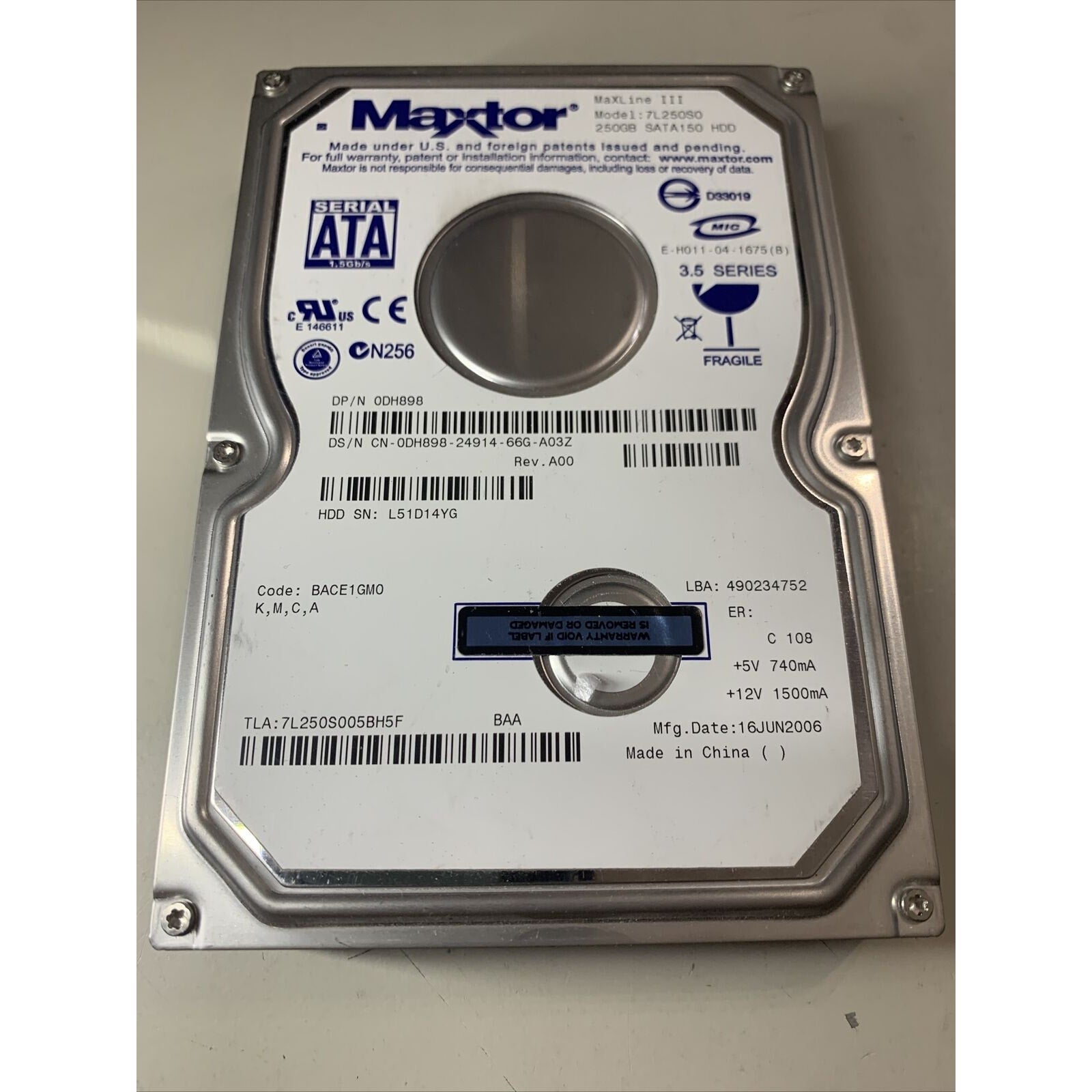 MAXTOR 7L250S0 250GB 3.5" SATA MaXLine III HDD - 0DH898 DH898