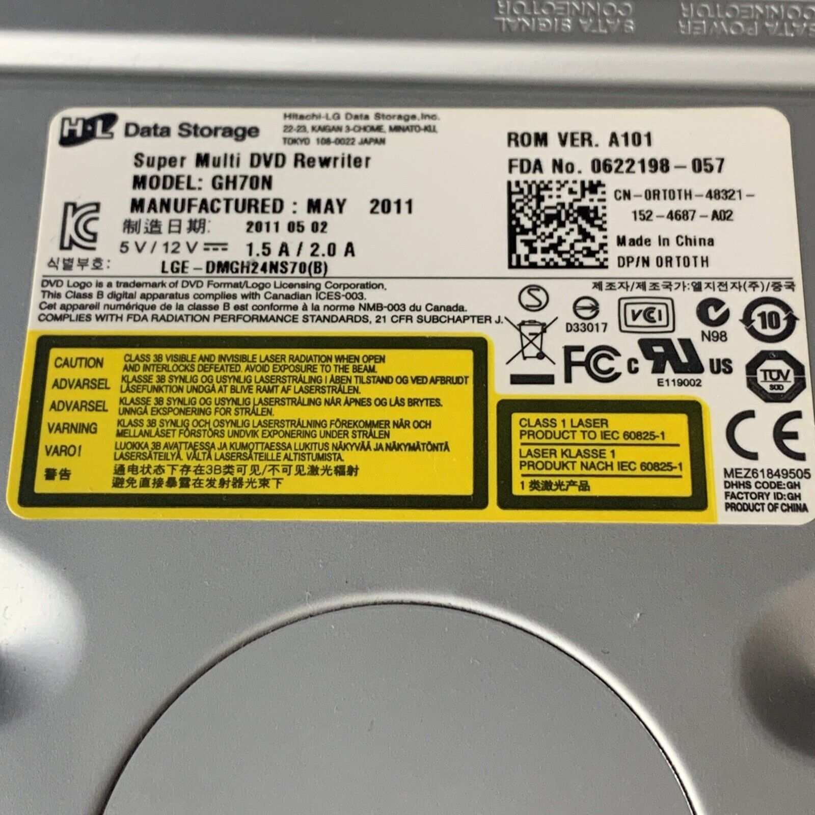 HL GH70N Desktop Super Multi DVD Rewriter SATA DVDRW CDRW Drive Dell P/N: 0RT0TH