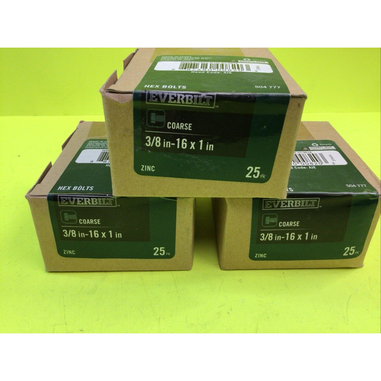 3 Pack of Everbilt Hex Bolts 3/8"-16 x 1" 25 Piece Box