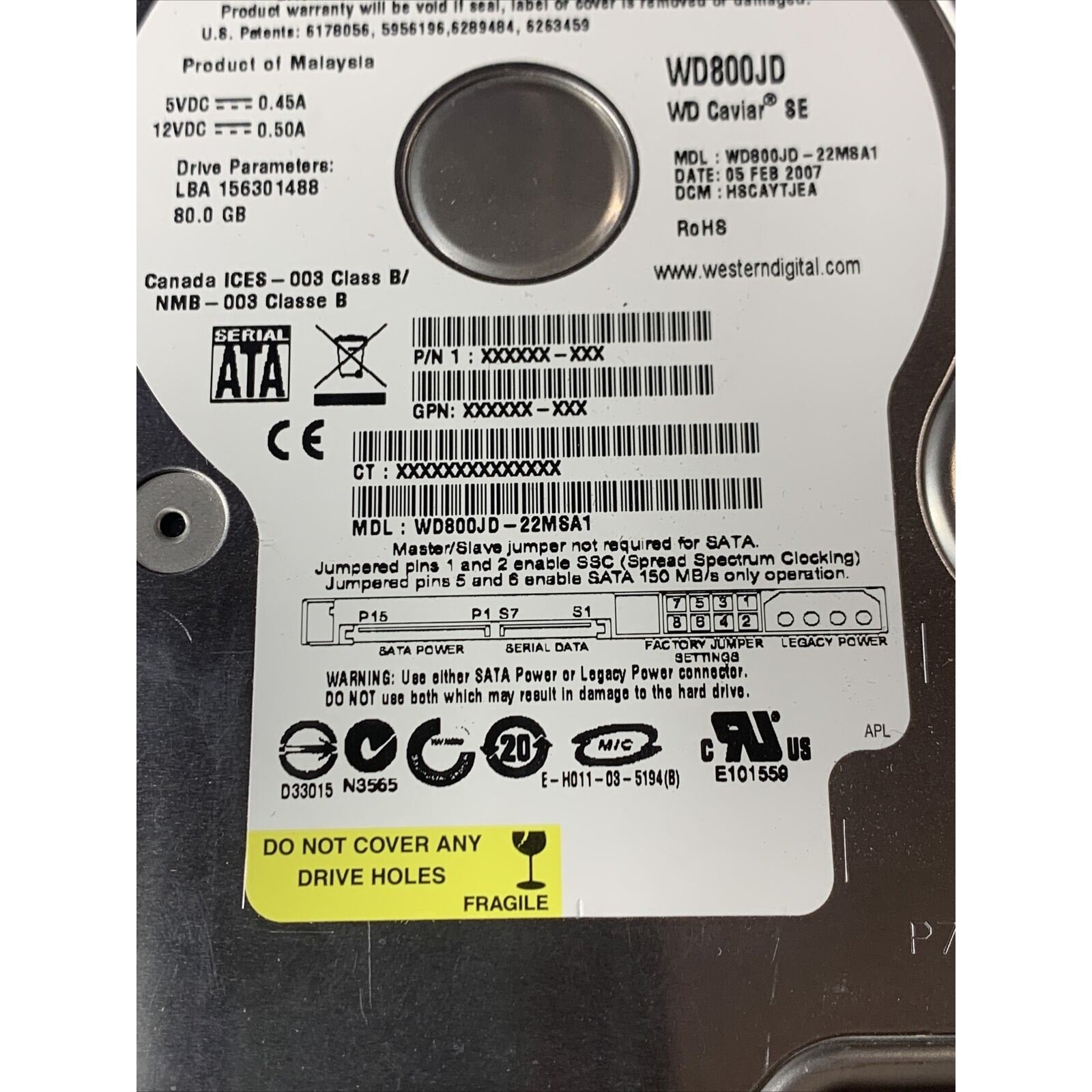 Western Digital WD800JD-22MSA1 80GB Sata HDD W/ Pcb Board 2060-701335-005 Rev A
