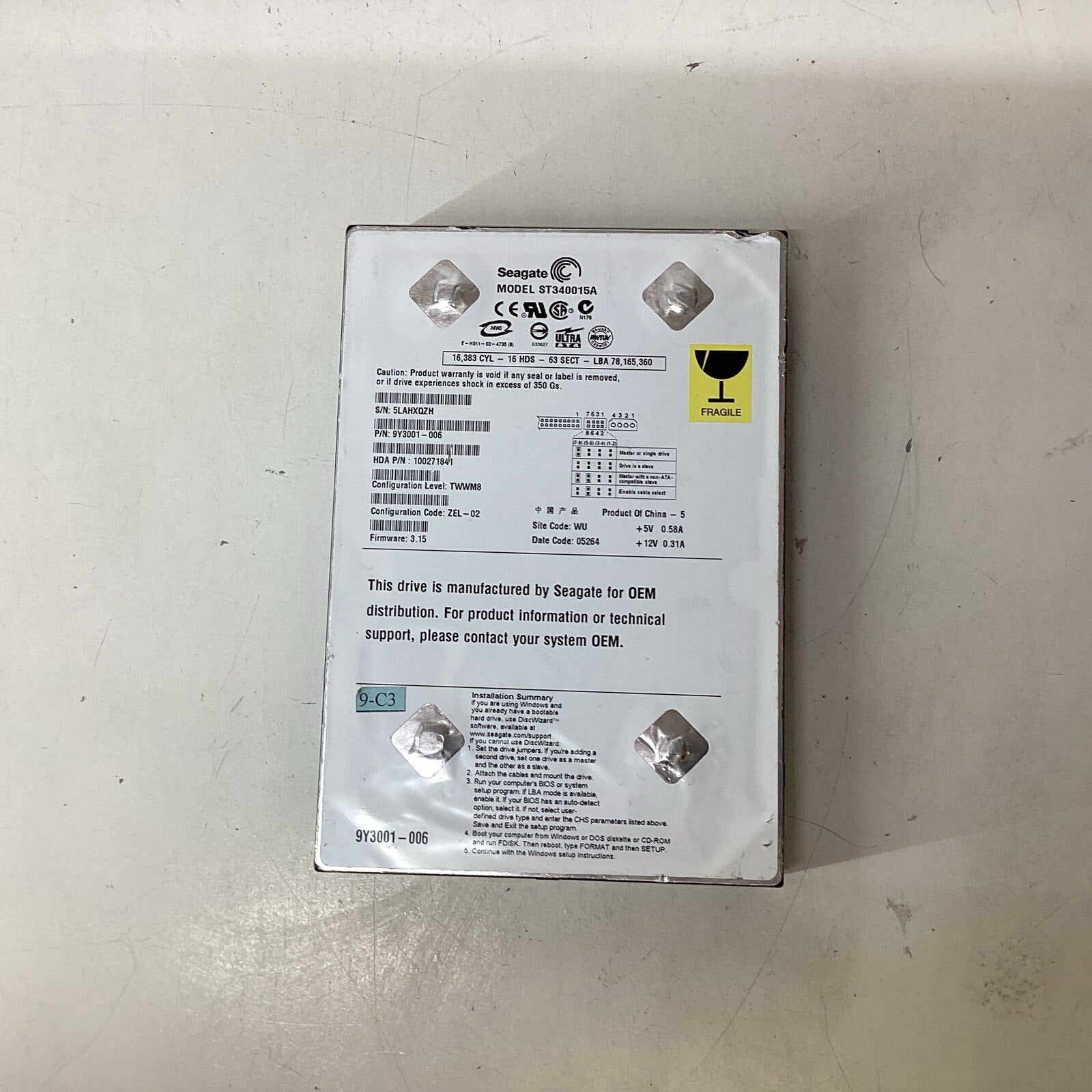 Seagate Barracuda 40GB 3.5" ST340015A Ultra ATA100 Hard Drive - For Parts