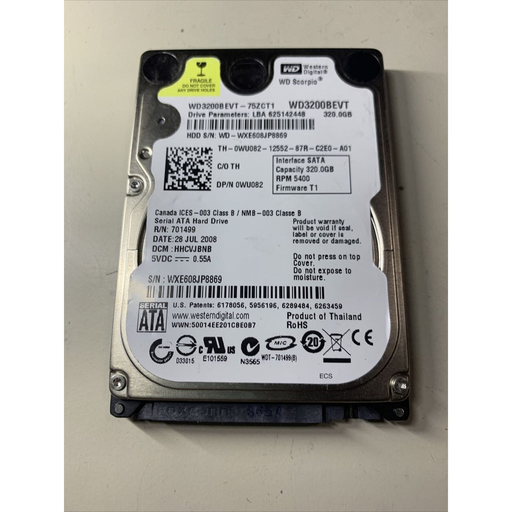 WD WD3200BEVT-75ZCT1 320GB SATA 2.5” Hard Drive 0WU082 2060-701499-000