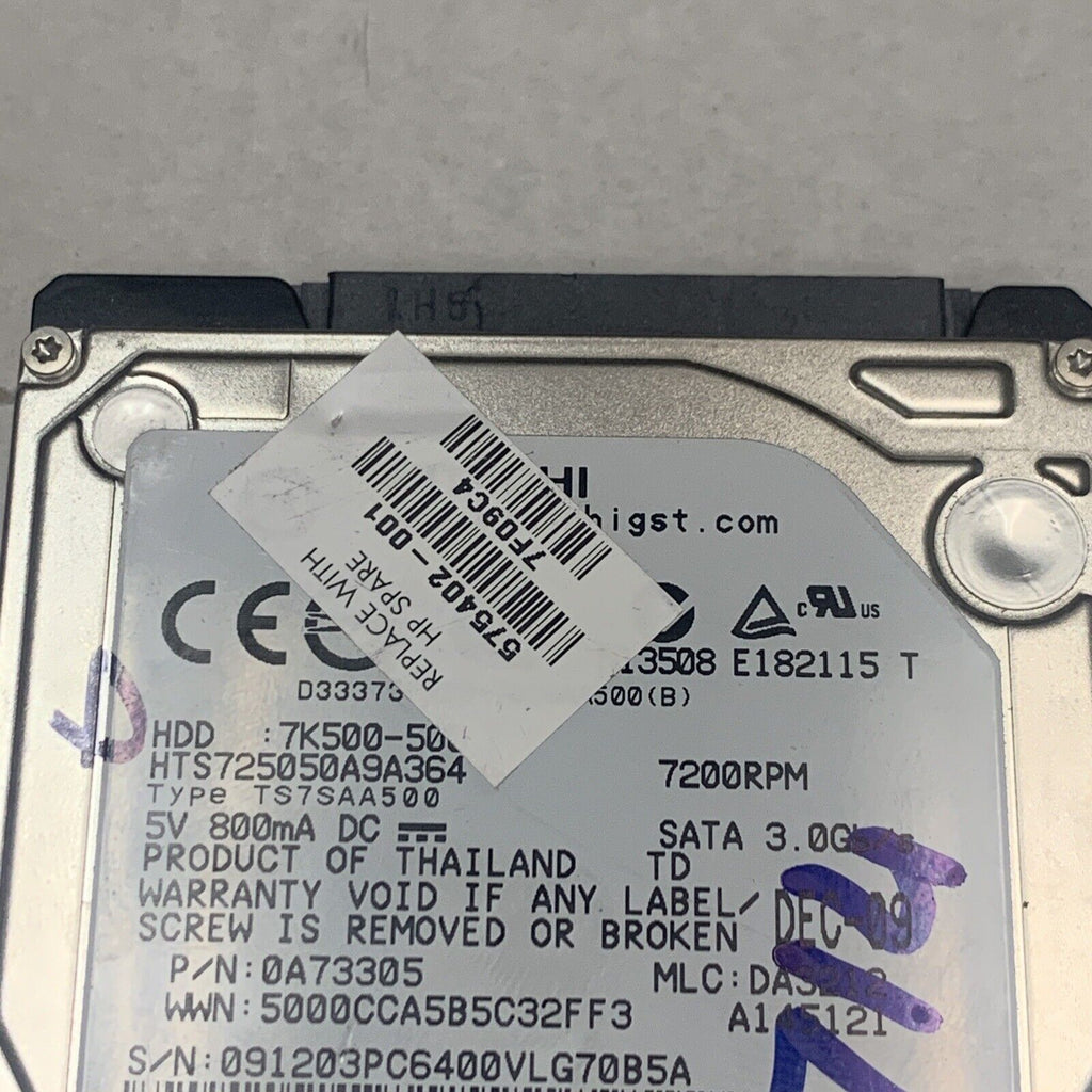 HITACHI 500GB Laptop Hard Drive HDD 2.5" 7200RPM SATA 3Gb/s 16MB Cache 7K500-500