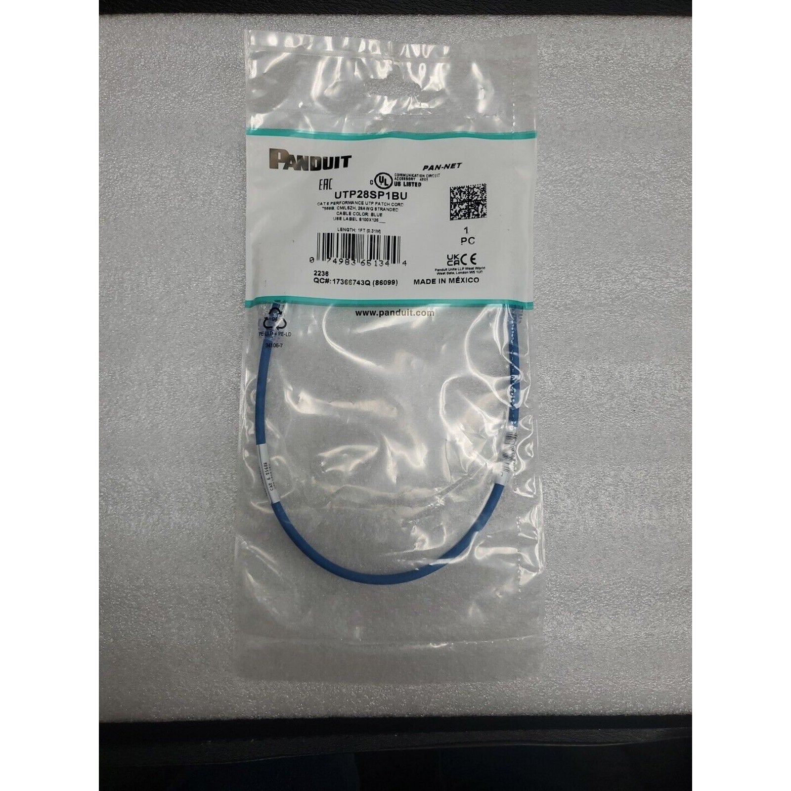 Panduit Cat 6 28 AWG Network Patch Cable/Cord, 1 FT, Blue, UTP28SP1BU