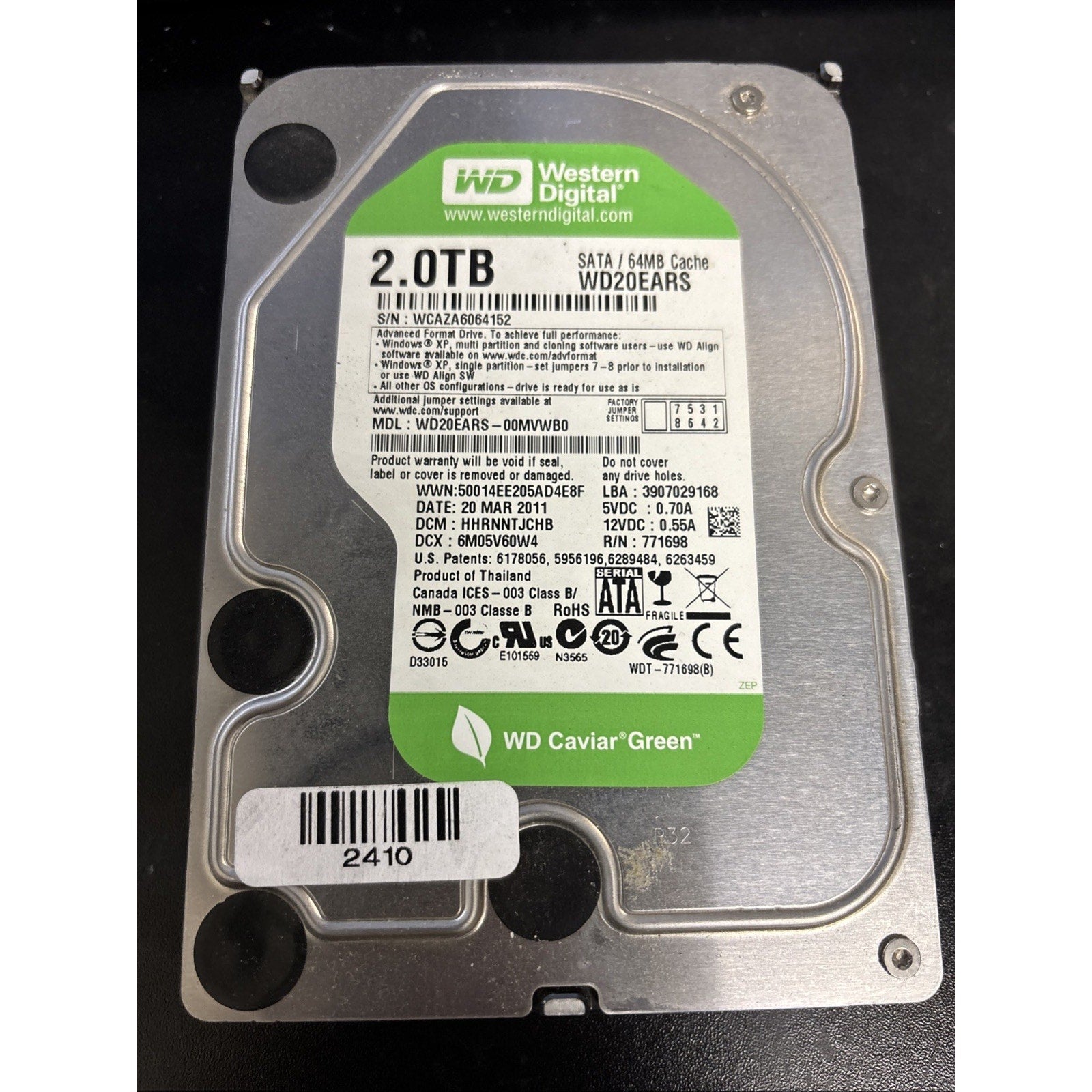 Western Digital 2 TB, Internal, 7200 RPM, 3.5" (WD20EURX) Hard Drive Green Power