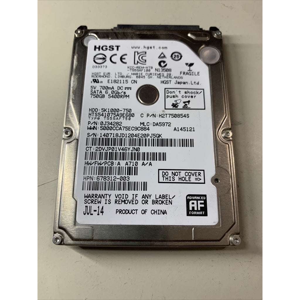 HGST 750GB 5K1000-750 5400RPM 3Gb/s HDD HTS541075A9E680 H2T750854S 678312-003