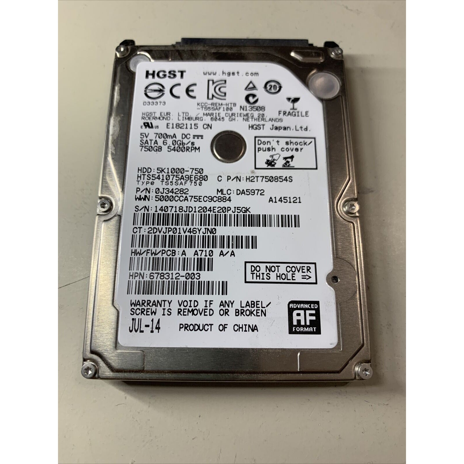 HGST 750GB 5K1000-750 5400RPM 3Gb/s HDD HTS541075A9E680 H2T750854S 678312-003