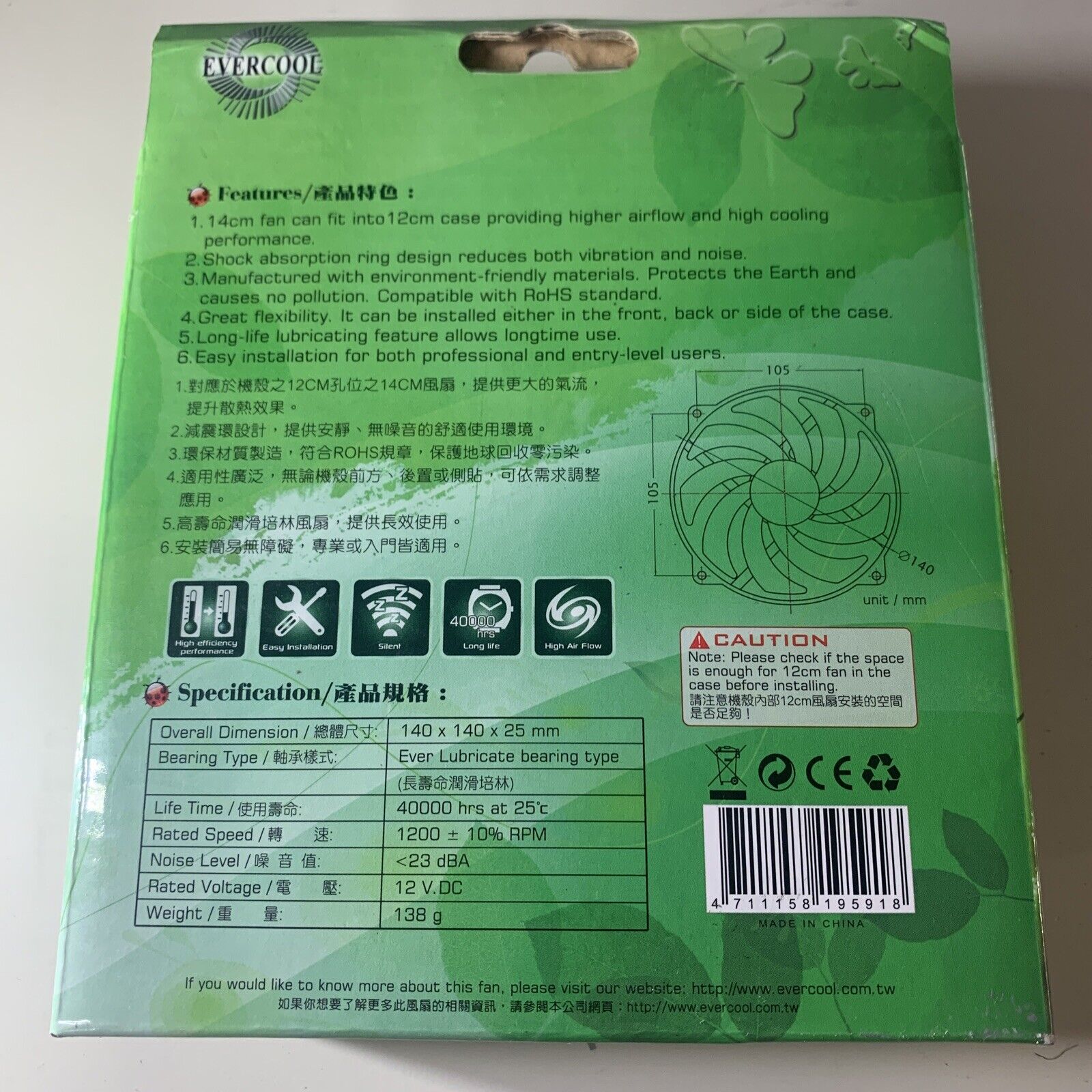 EverCool EGF-N12 Ever Green 140mm Size Fan 120mm Fan Mount