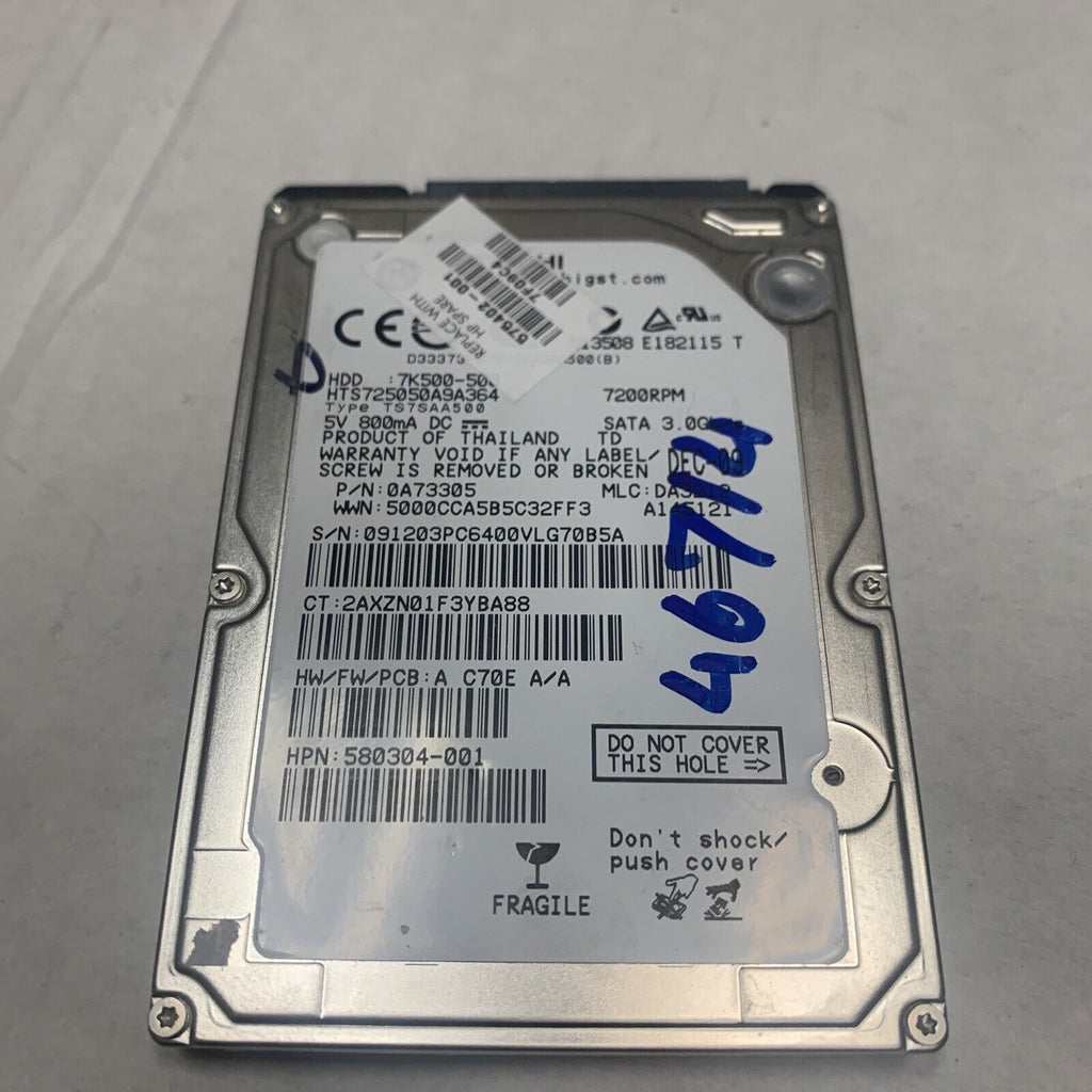 HITACHI 500GB Laptop Hard Drive HDD 2.5" 7200RPM SATA 3Gb/s 16MB Cache 7K500-500