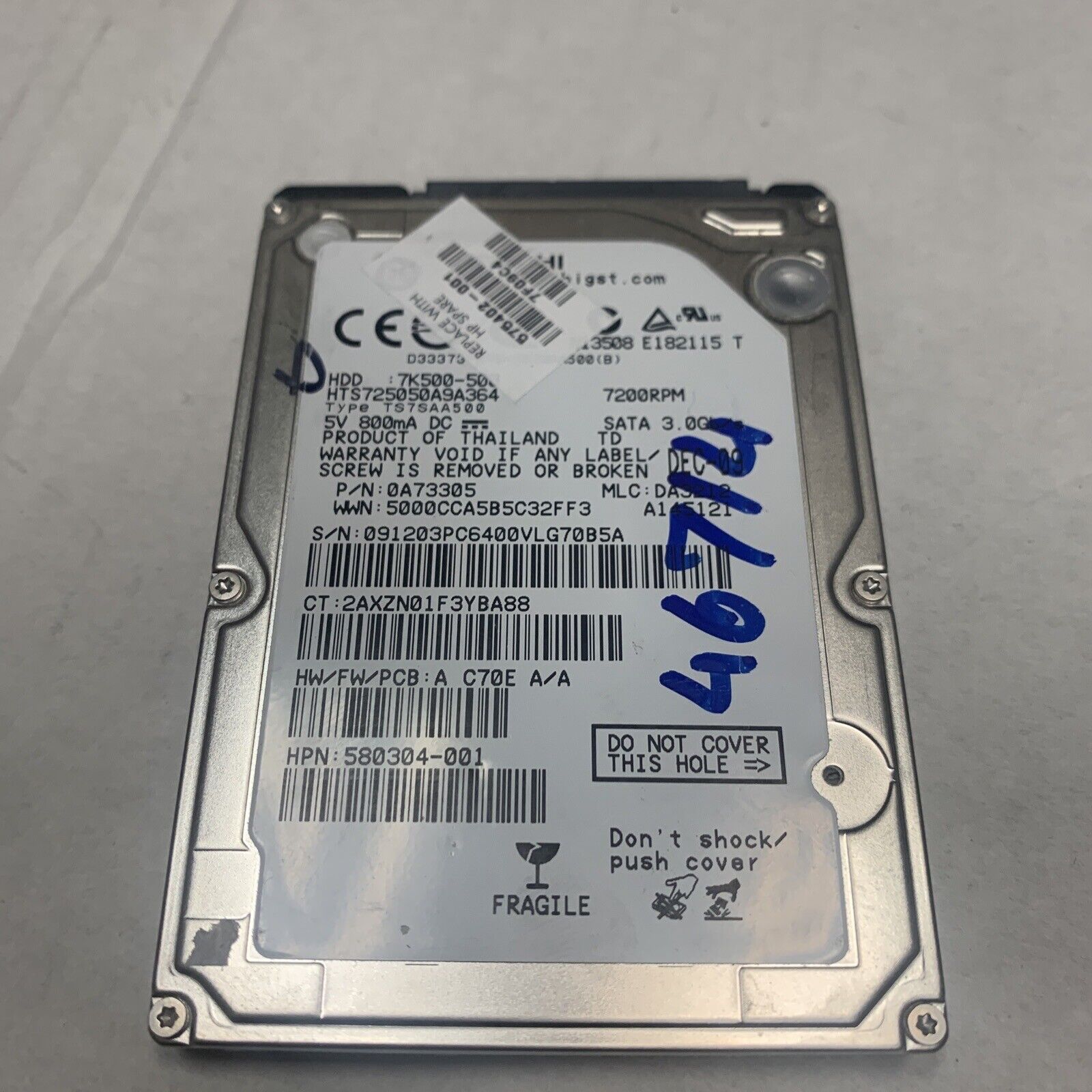 HITACHI 500GB Laptop Hard Drive HDD 2.5" 7200RPM SATA 3Gb/s 16MB Cache 7K500-500